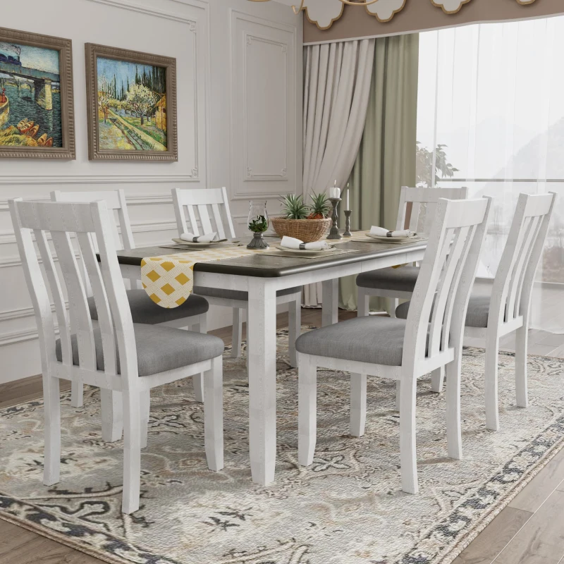 Retro Style 7-Piece Dining Table Set with Extendable Table, 6 Upholstered Chairs, Solid Wood Legs, and Distressed Finish, 54"-70"L x 36"W x 30"H, Antique brown