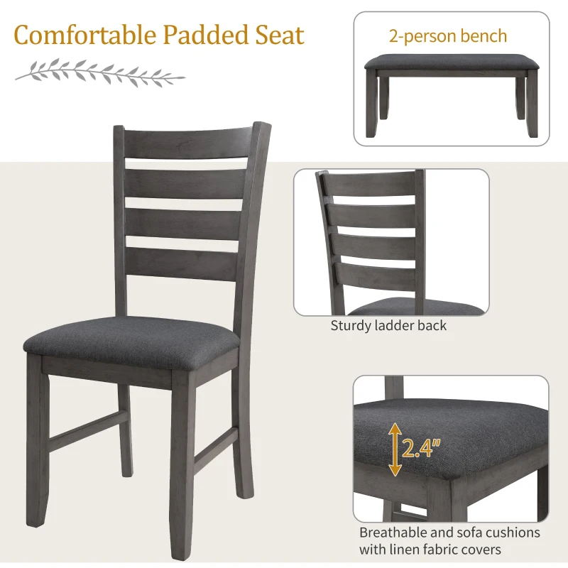 Dining Room Table and Chairs with Bench, Rustic Wood Dining Set, 6-Piece, Distressed Finish, Upholstered Seats, Solid Wood Legs, 60"L x 36"W x 30.3"H Table, Gray