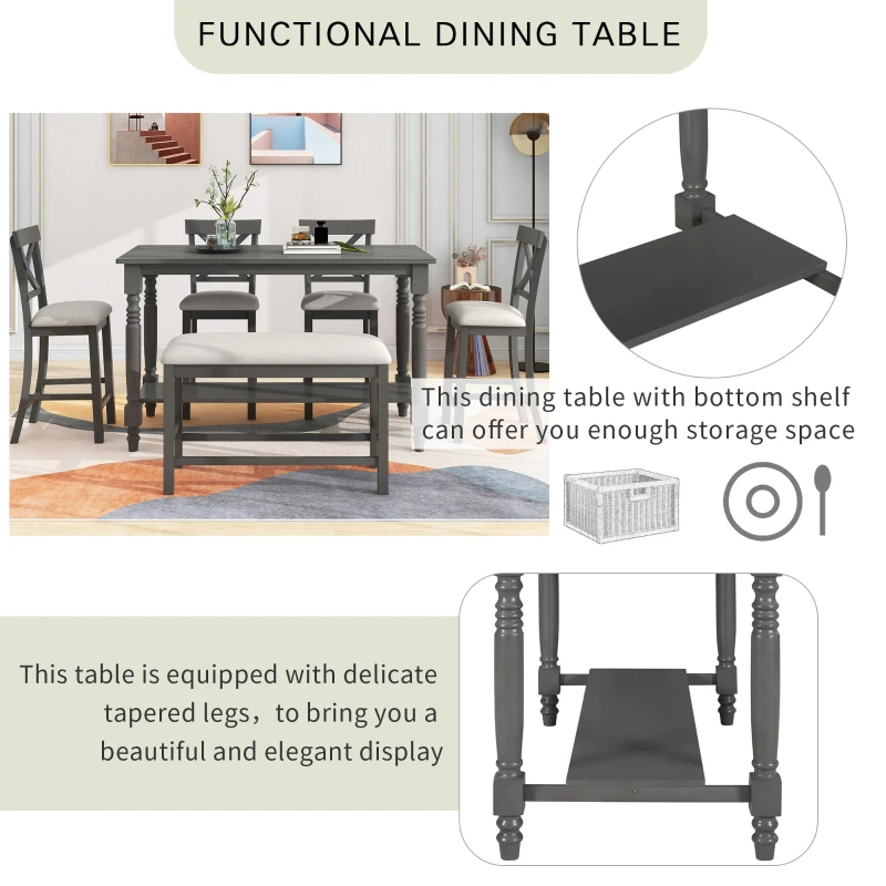6-Piece Counter Height Dining Table Set with Shelf, 4 Chairs and Bench, High-Density Foam Cushions, MDF and Melaleucar Wood, 60''L x 29.5''W x 36''H, Gray