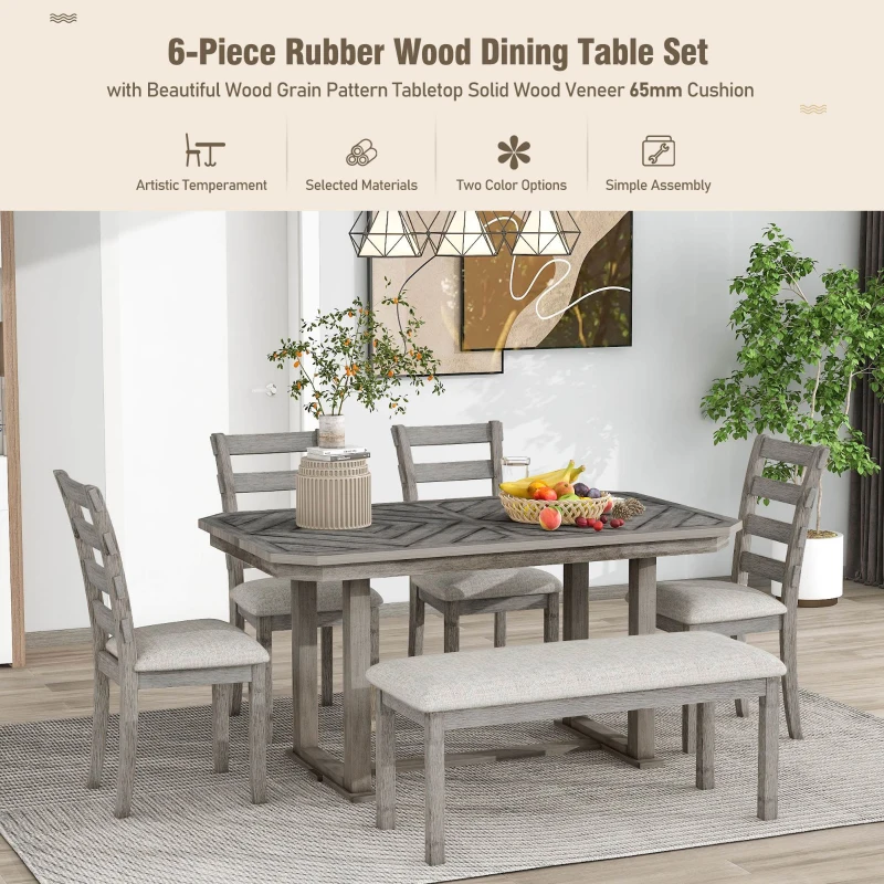 6-Piece Rubber Wood Dining Table Set with Beautiful Wood Grain Pattern, Solid Wood Veneer, Soft Cushions, and H-Shaped Support Legs, 60"L x 36"W x 30.3"H, Gray