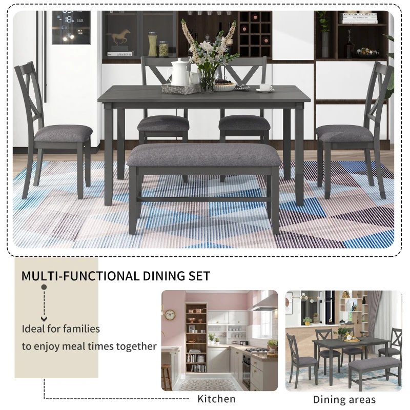 6-Piece Kitchen Dining Table Set, Wooden Rectangular Table with 4 Fabric Chairs and Bench, Waterproof Top, Easy Assembly, 60''L x 36''W x 30''H, Gray