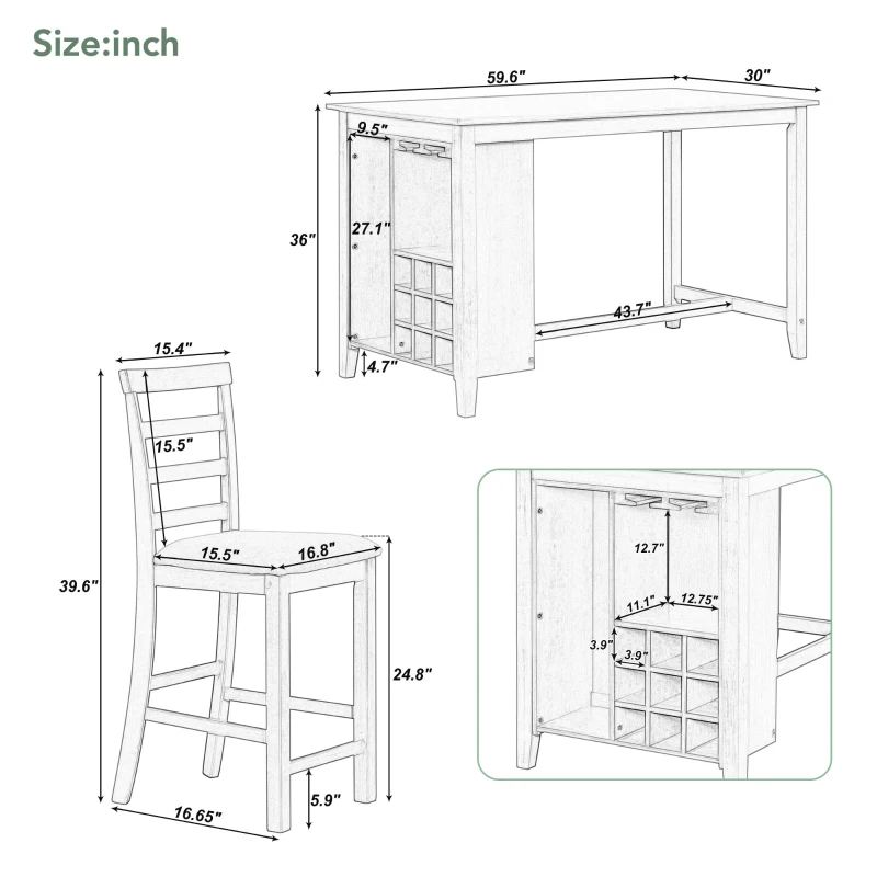 5-Piece Rubber Wood Counter Height Dining Set with Padded Chairs, Wine Compartment, and Wineglass Holders, 59.6"L x 30"W x 36"H, Brown+Whitewash