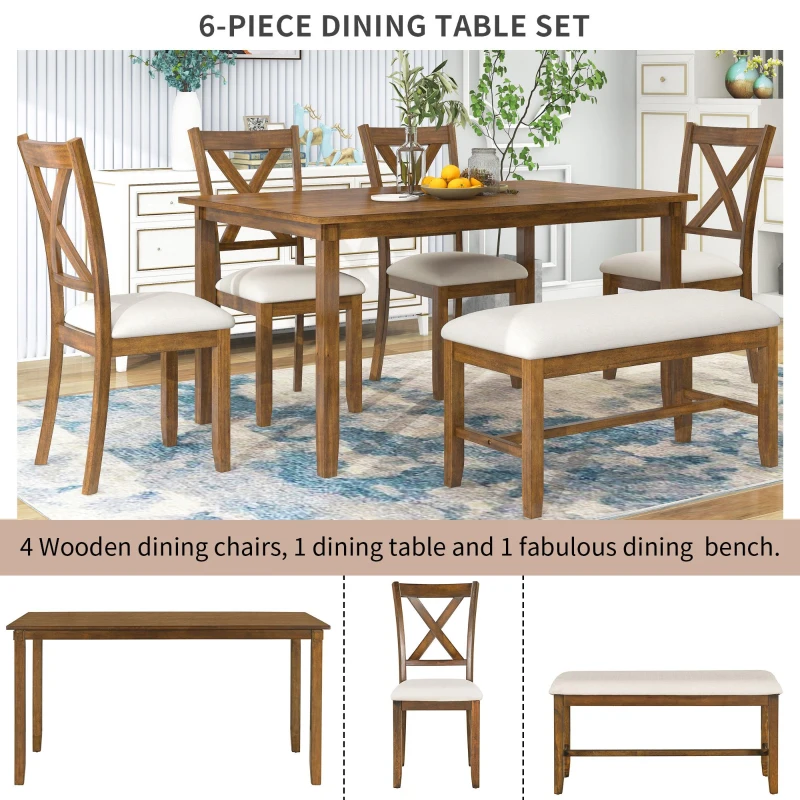 6-Piece Kitchen Dining Table Set, Wooden Rectangular Table with 4 Fabric Chairs and Bench, Durable Solid Wood Frame, Easy Assembly, 60''L x 36''W x 30''H, Natural Cherry