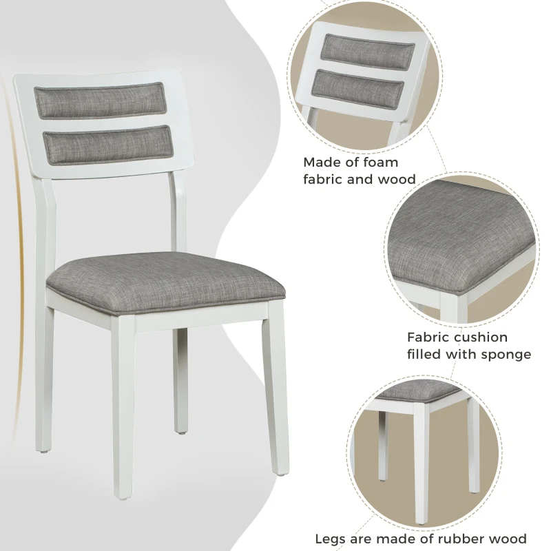 6-Piece Dining Set, Includes Dining Table, 4 Upholstered Chairs & Bench, Rubber Wood Legs, MDF Tabletop, 60''L x 36''W x 30''H, White+gray