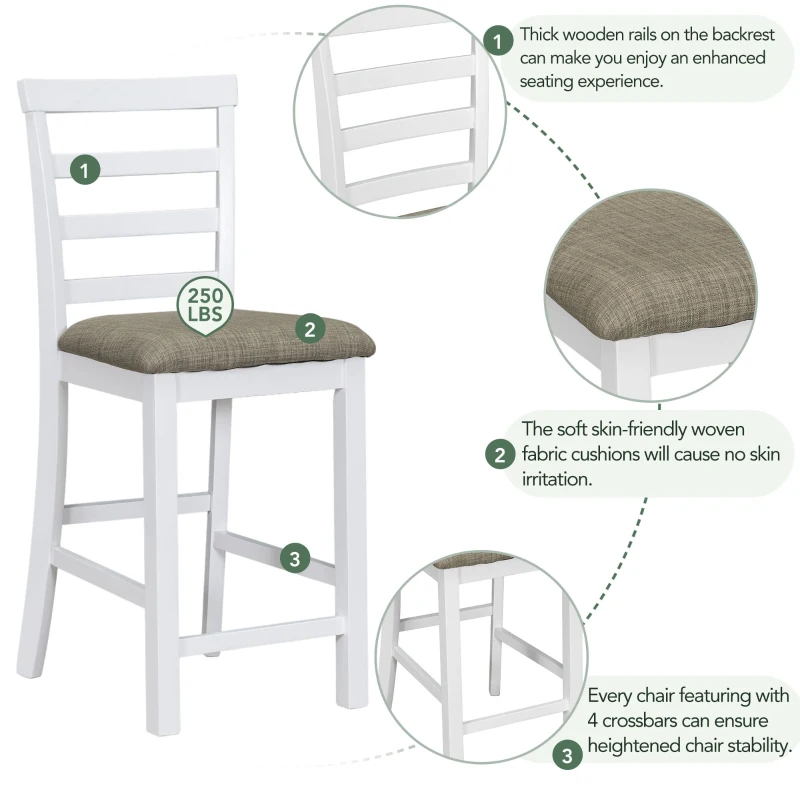 5-Piece Rubber Wood Counter Height Dining Set with Padded Chairs, Wine Compartment, and Wineglass Holders, 59.6"L x 30"W x 36"H, Brown+Whitewash