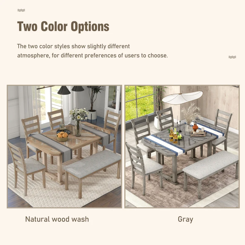 6-Piece Rubber Wood Dining Table Set with Wood Grain Pattern, Solid Wood Veneer, Soft Cushions, and H-Shaped Support Legs, 60"L x 36"W x 30.3"H, Natural Wood Wash