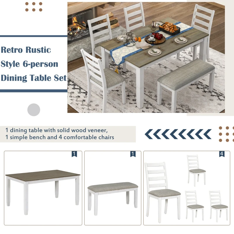 Rustic Style 6-Piece Dining Room Table Set with 4 Upholstered Chairs & Bench, Solid Wood Veneer, Rubber Wood Legs, 60"L x 36"W x 30"H, Brown+Whitewash