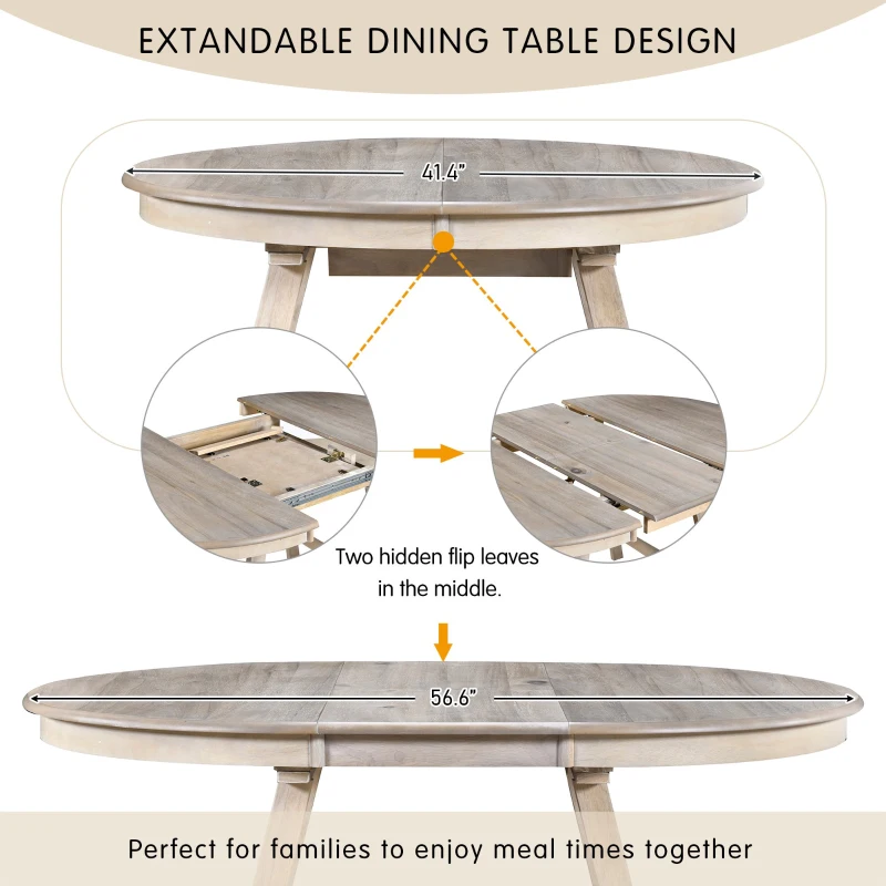 5-Piece Wood Dining Table Set, Round Extendable Table with 4 Chairs, Adjustable Length 41.4"-56.6", Modern Farmhouse Style, Natural Wood Wash