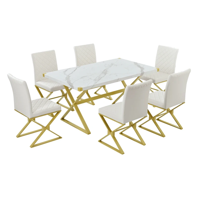 Vinsetto 7-Piece Pedestal Modern Dining Table Set, Rectangular Marble Texture Kitchen Table with 6 PU Leather Chairs and X-Shaped Gold Steel Pipe Legs, 60"L x 36"W x 30"H, White