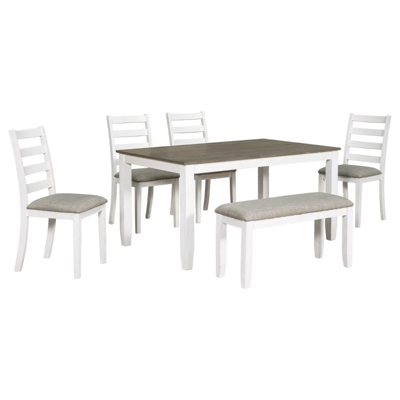 Rustic Style 6-Piece Dining Room Table Set with 4 Upholstered Chairs & Bench, Solid Wood Veneer, Rubber Wood Legs, 60"L x 36"W x 30"H, Brown+Whitewash