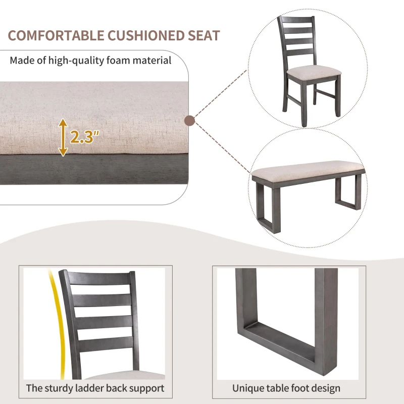 6-Piece Solid Wood Dining Room Set with Rectangular Table, 4 Chairs, and Bench, High-Density Cushions, 60''L x 35.8''W x 30.3''H, Gray