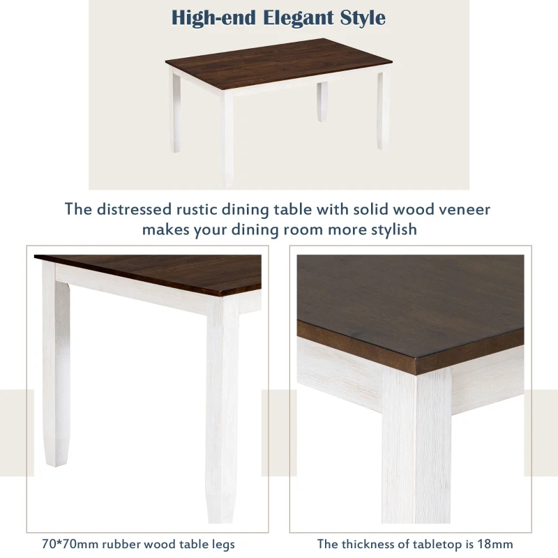 Rustic Style 6-Piece Dining Room Table Set with Ergonomic Chairs and Bench, Solid Wood Veneer, Rubber Wood Frame, 60"L x 36"W x 30"H, Walnut