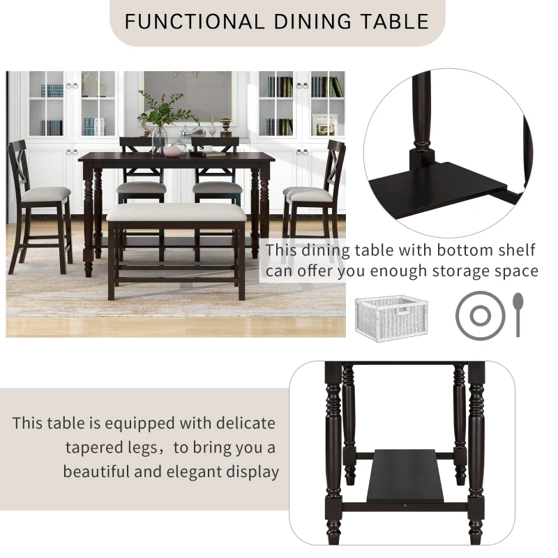 6-Piece Counter Height Dining Table Set with Shelf, 4 Chairs and Bench, High-Density Foam Cushions, MDF and Melaleucar Wood, 60''L x 29.5''W x 36''H, Espresso