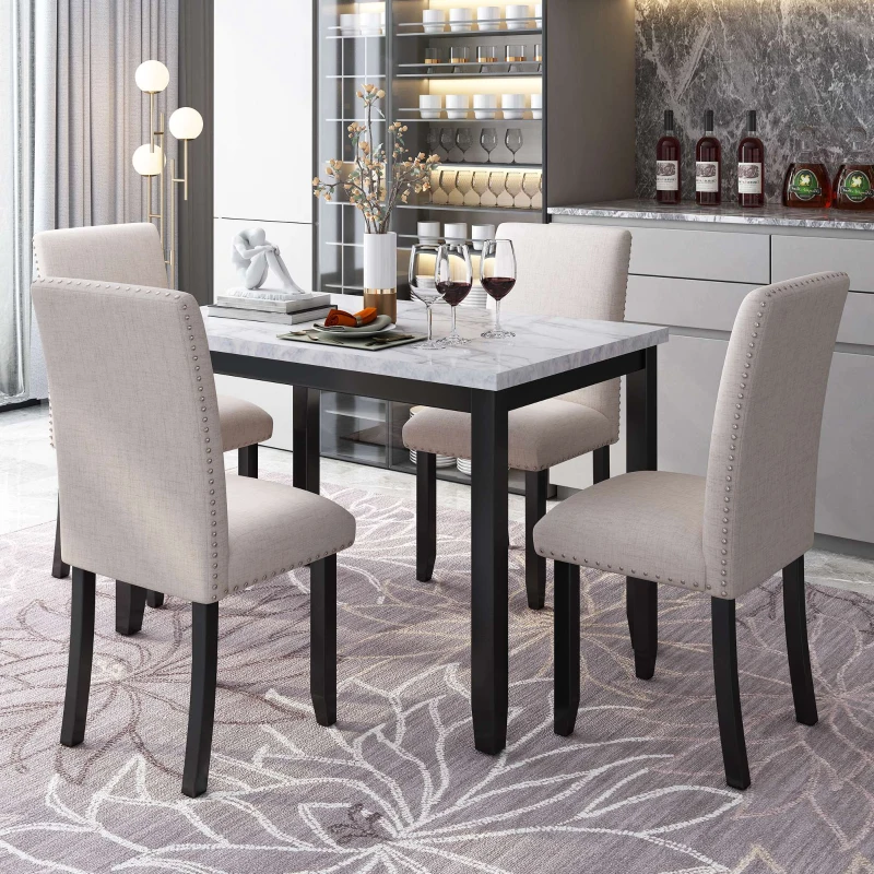 5-Piece Faux Marble Dining Set with 4 Cushioned Chairs, Rubber Wood Frame, and Easy Spot Cleaning, 45.3"L x 29.5"W x 30"H, White