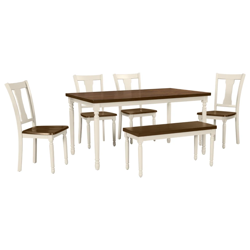 Classic 6-Piece Dining Set, Wooden Table and 4 Chairs with Bench, Sturdy Wood Construction, Ergonomic Design, 60''L x 35.8''W x 30''H, Brown+Cottage White
