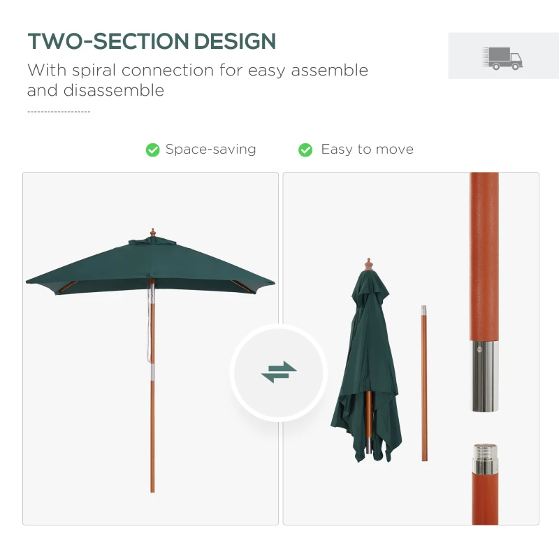 Outsunny 6.6x5ft Square Market Parasol, Wooden Patio Umbrella with Tilt Mechanism and 6 Bamboo Ribs, Garden Sunshade, Green