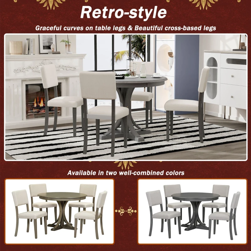 5-Piece Retro Round Dining Table Set with Curved Trestle Legs, Upholstered Chairs, and Solid Wood Frame, 44”Lx44”Wx30.2”H, Dark Gray