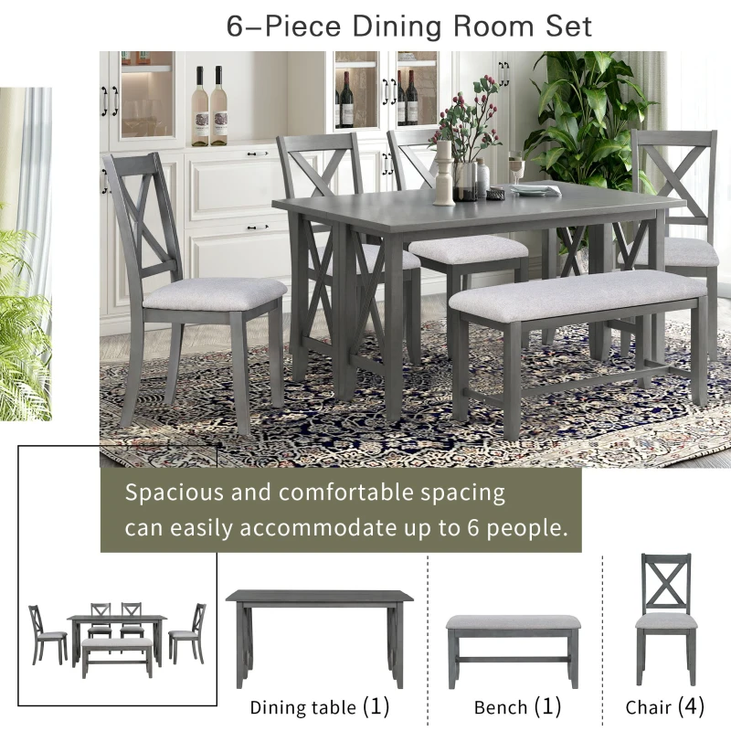 Retro 6-Piece Family Dining Room Set, Solid Wood Foldable Table and 4 Chairs with Bench, Space-Saving Design, for kitchen, Gray