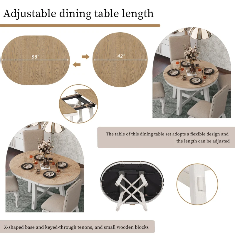 5-Piece Farmhouse Dining Table Set, Extendable Round Table with X-Shaped Base and 4 Upholstered Chairs, Adjustable Length 42-58", Oak Natural Wood + Antique White