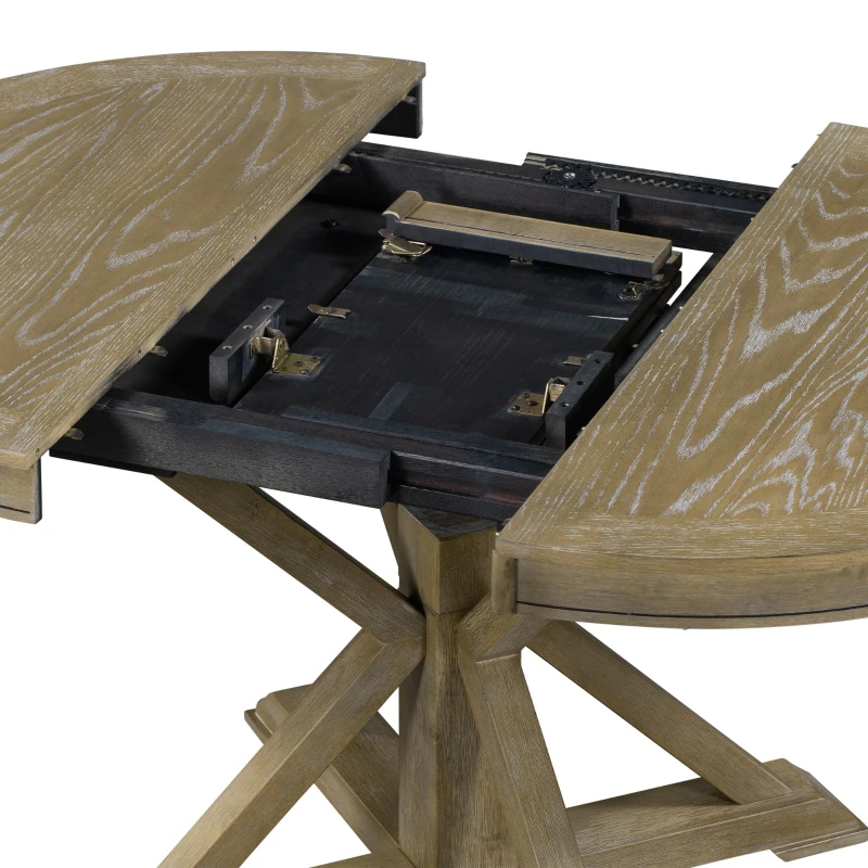 Retro Style Dining Table Set with Extendable Table and 4 Upholstered Chairs, Solid Wood Legs, 42"-54"L x 42"W x 30"H Oval Table, Natural Wood Wash