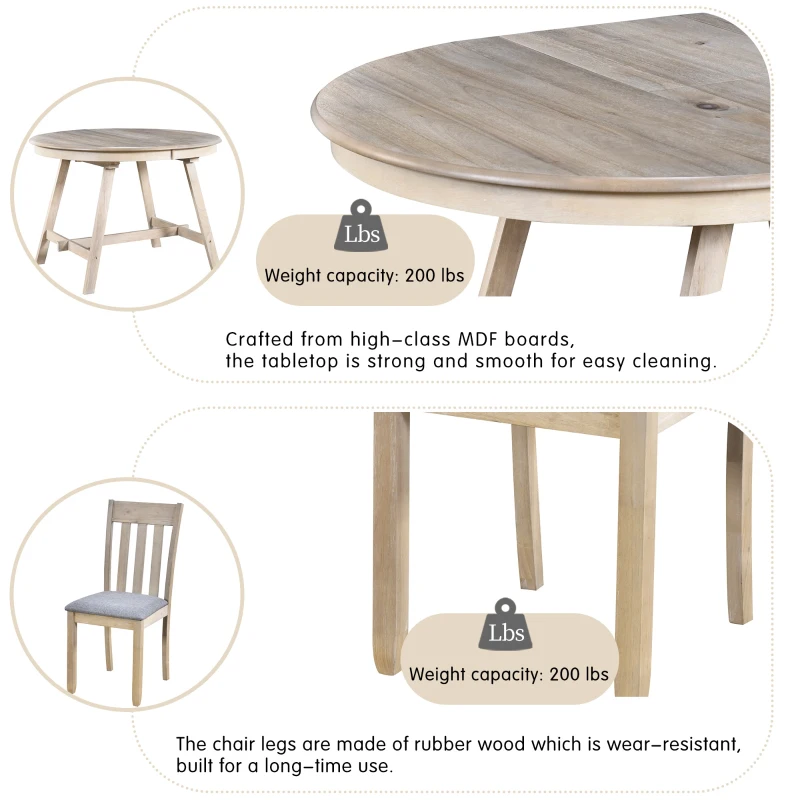 5-Piece Wood Dining Table Set, Round Extendable Table with 4 Chairs, Adjustable Length 41.4"-56.6", Modern Farmhouse Style, Natural Wood Wash