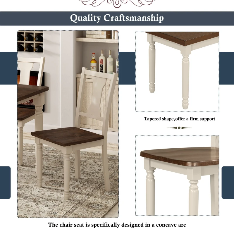 Classic 6-Piece Dining Set, Wooden Table and 4 Chairs with Bench, Sturdy Wood Construction, Ergonomic Design, 60''L x 35.8''W x 30''H, Brown+Cottage White
