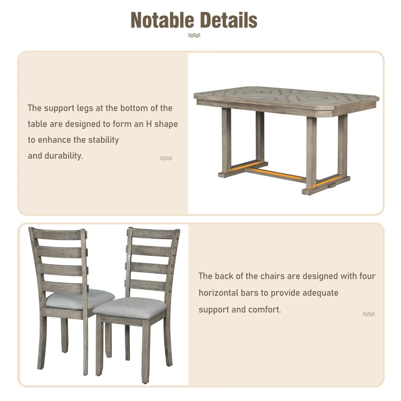 6-Piece Rubber Wood Dining Table Set with Beautiful Wood Grain Pattern, Solid Wood Veneer, Soft Cushions, and H-Shaped Support Legs, 60"L x 36"W x 30.3"H, Gray
