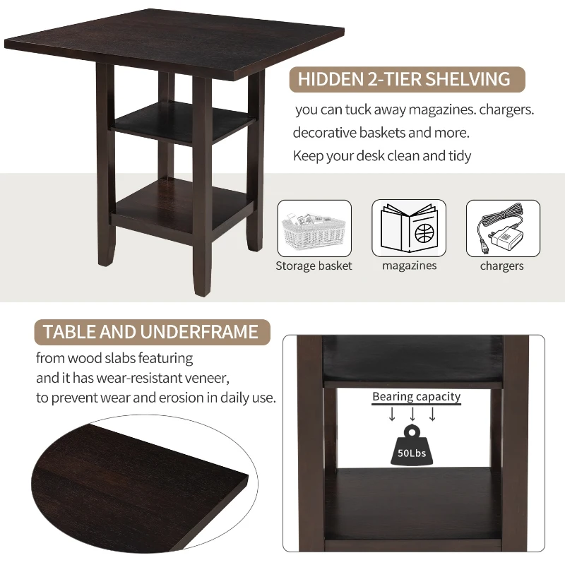 5-Piece Wooden Counter Height Dining Set with Padded Chairs and Storage Shelving, 35.4''L x 35.4''W x 36.2''H Table, 17.5''L x 22''W x 39.2''H Chairs, Espresso
