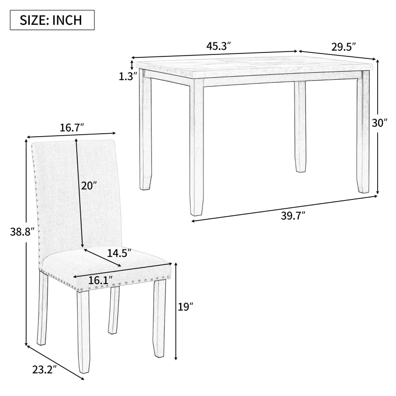 5-Piece Faux Marble Dining Set with 4 Cushioned Chairs, Rubber Wood Frame, and Easy Spot Cleaning, 45.3"L x 29.5"W x 30"H, White