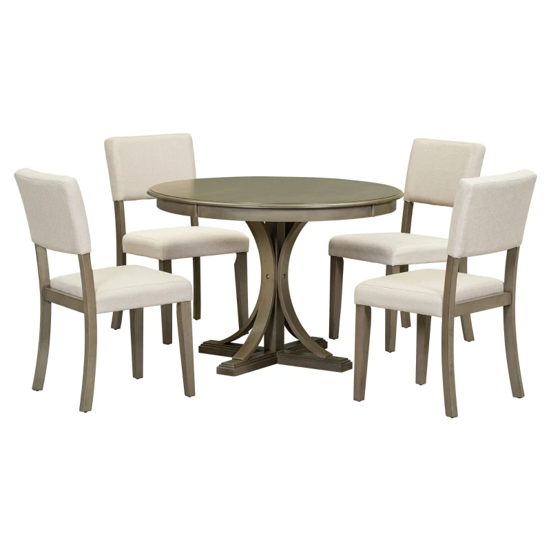5-Piece Retro Style Round Dining Table Set with Curved Trestle Legs and 4 Upholstered Chairs, Solid Acacia Wood, for Kitchen, Taupe