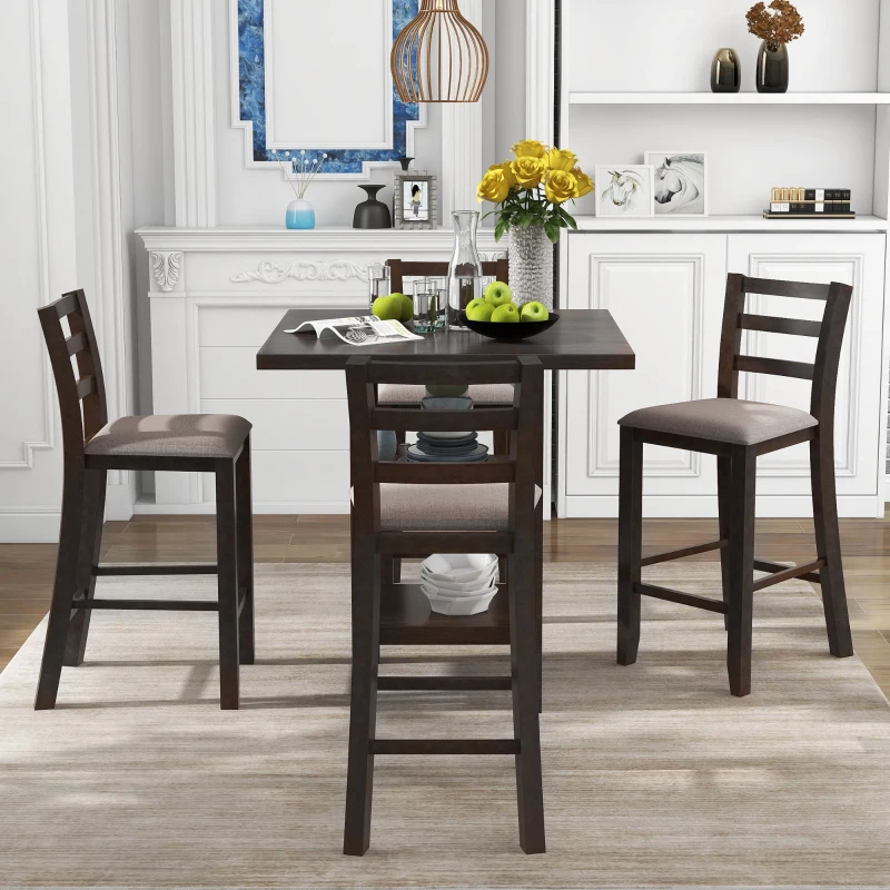 5-Piece Wooden Counter Height Dining Set with Padded Chairs and Storage Shelving, 35.4''L x 35.4''W x 36.2''H Table, 17.5''L x 22''W x 39.2''H Chairs, Espresso