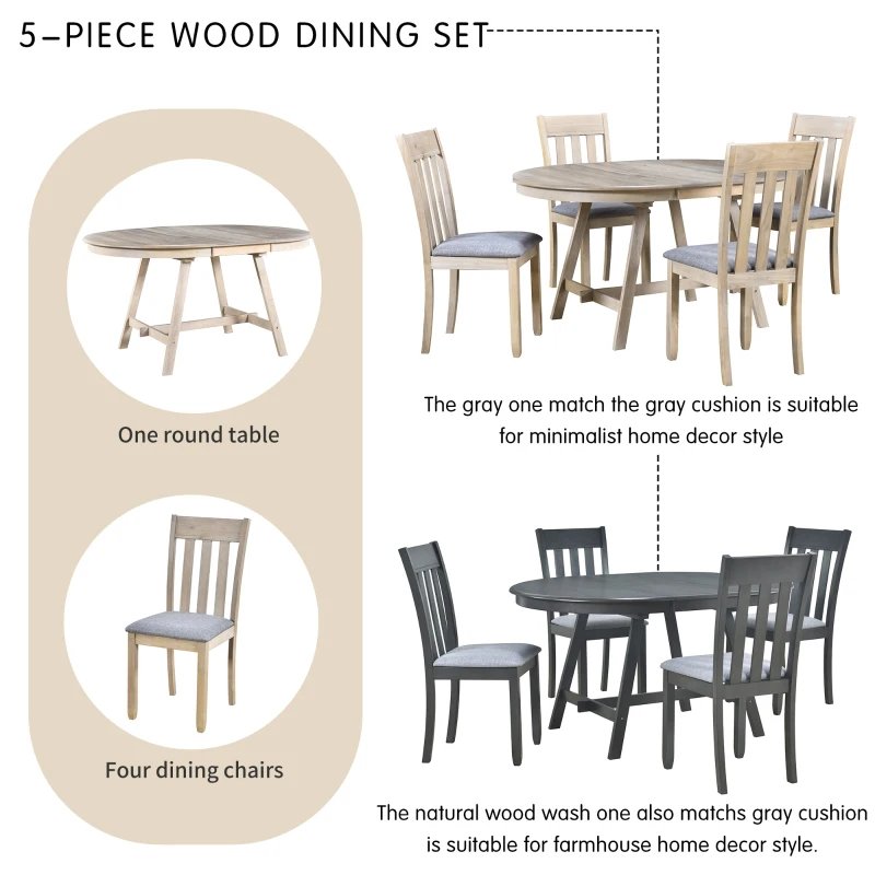5-Piece Wood Dining Table Set, Round Extendable Table with 4 Chairs, Adjustable Length 41.4"-56.6", Modern Farmhouse Style, Natural Wood Wash