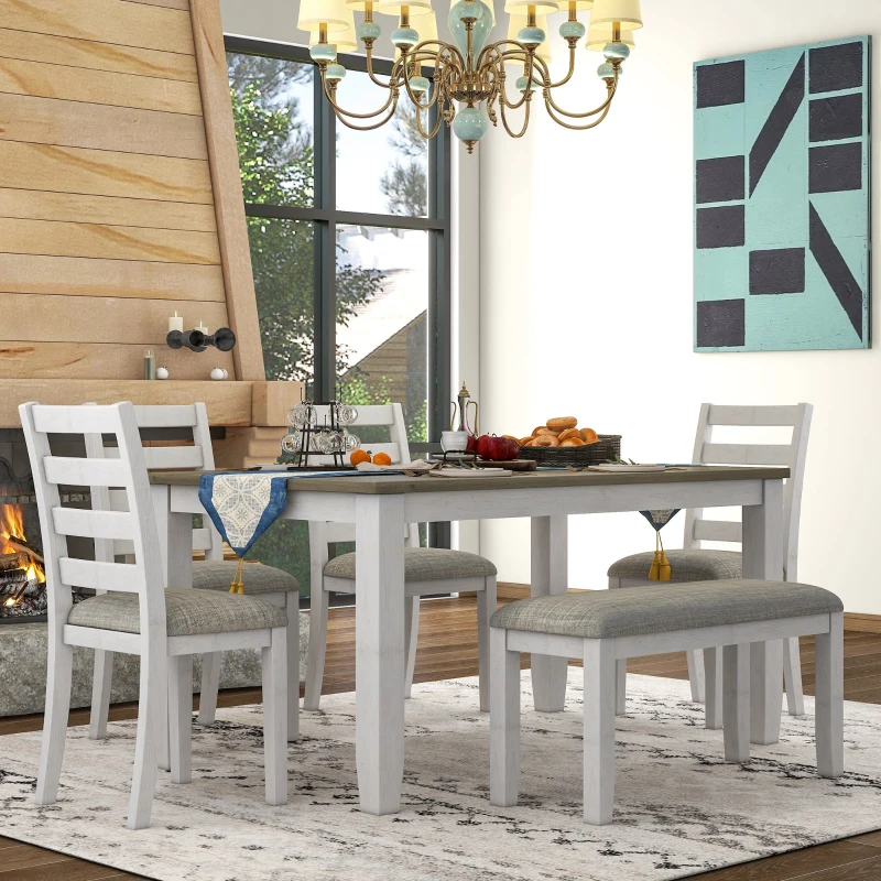 Rustic Style 6-Piece Dining Room Table Set with 4 Upholstered Chairs & Bench, Solid Wood Veneer, Rubber Wood Legs, 60"L x 36"W x 30"H, Brown+Whitewash