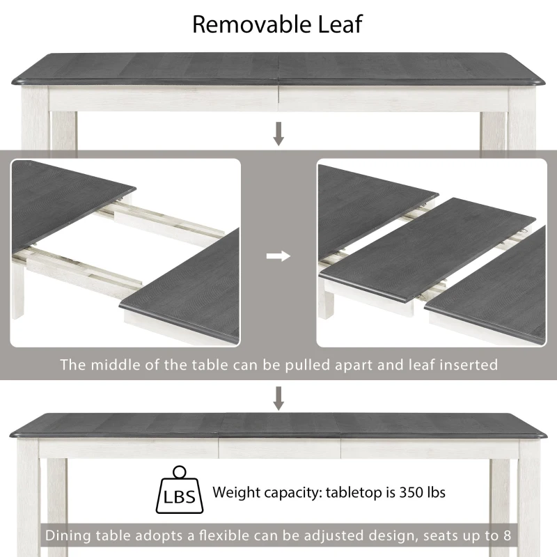 Retro Style 7-Piece Dining Table Set with Extendable Table, 6 Upholstered Chairs, Solid Wood Legs, and Distressed Finish, 54"-70"L x 36"W x 30"H, White+gray
