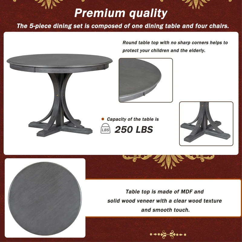5-Piece Retro Round Dining Table Set with Curved Trestle Legs, Upholstered Chairs, and Solid Wood Frame, 44”Lx44”Wx30.2”H, Dark Gray