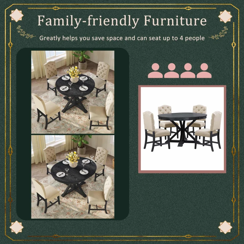 Retro Style Dining Table Set with Extendable Table and 4 Upholstered Chairs, Solid Wood Legs, 42"-54"L x 42"W x 30"H Length, Espresso