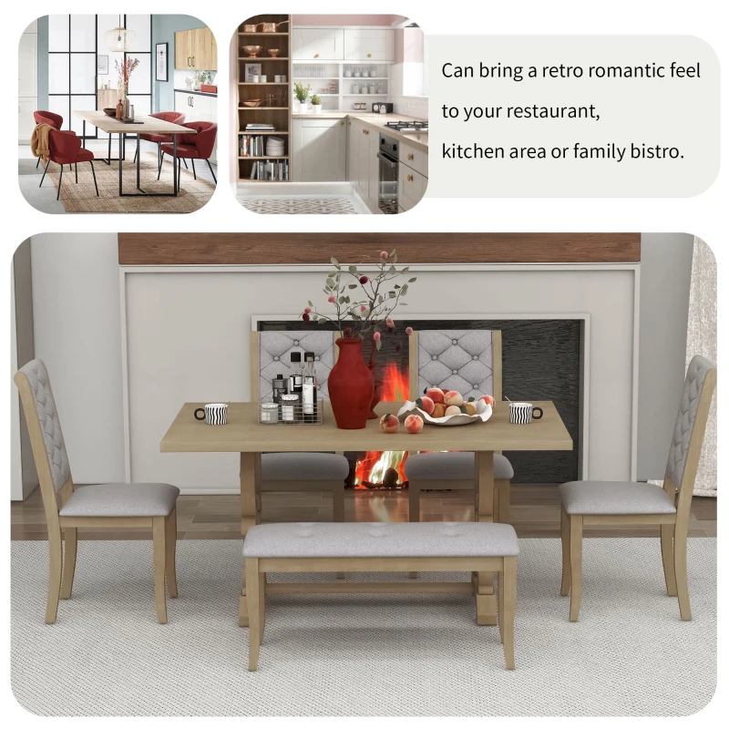 Vinsetto 6-Piece Retro Dining Set with Unique Table Legs and Foam-Covered Seats, Solid Wood Construction, 60" Table, Gray Wash