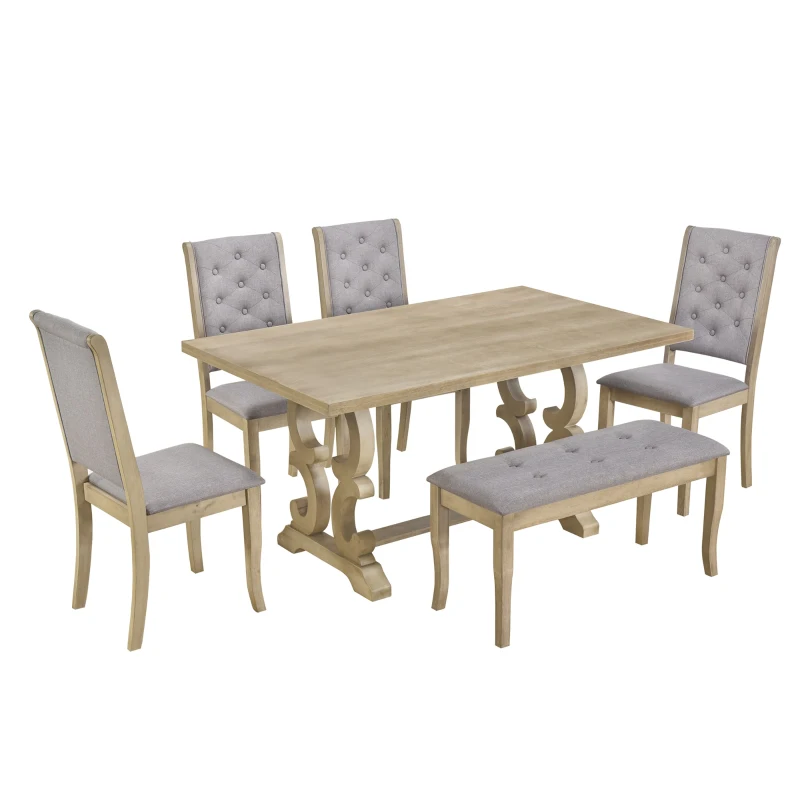 Vinsetto 6-Piece Retro Dining Set with Unique Table Legs and Foam-Covered Seats, Solid Wood Construction, 60" Table, Gray Wash