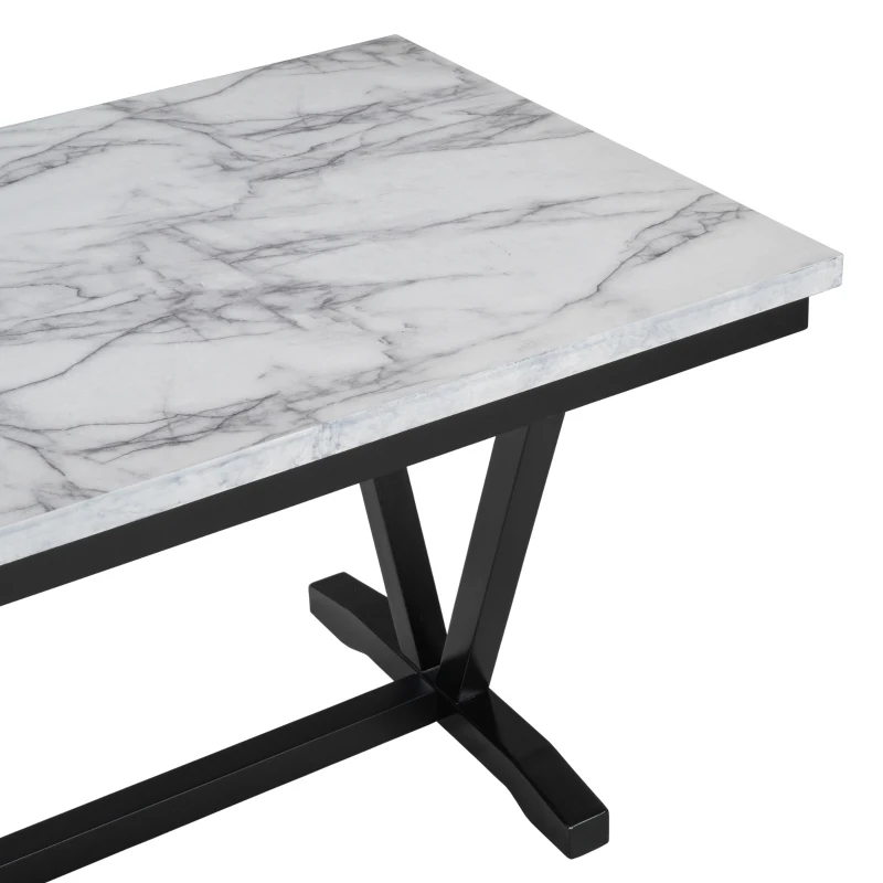 Modern 6-Piece Dining Table Set with 4 Upholstered Chairs and Bench, Marbled Veneers Tabletop, V-Shaped Legs, 60''L x 36''W x 30''H, White