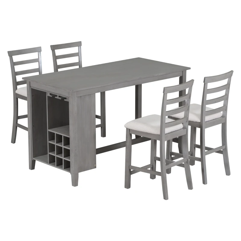 5-Piece Rubber Wood Counter Height Kitchen Table Set with Padded Chairs, Multi-Functional Table, Wine Compartment, and Wineglass Holders, Gray