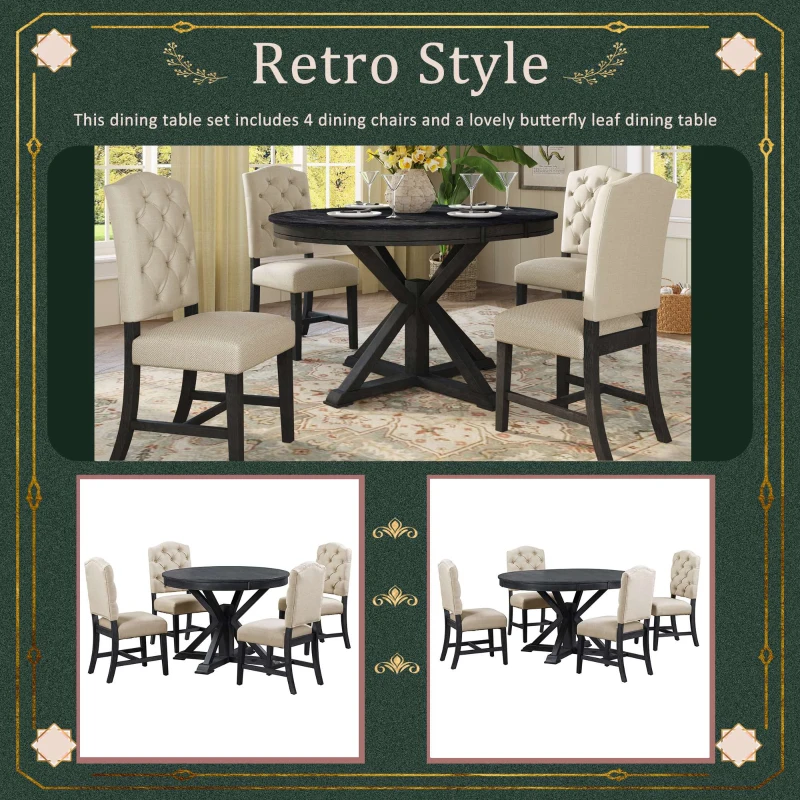 Retro Style Dining Table Set with Extendable Table and 4 Upholstered Chairs, Solid Wood Legs, 42"-54"L x 42"W x 30"H Length, Espresso