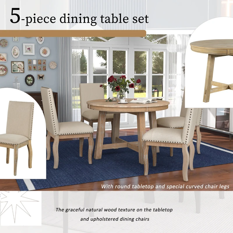 5-Piece Farmhouse Dining Table Set, Wood Round Extendable Table with 4 Upholstered Chairs, Adjustable Length, Solid Structure, 42~58"L x 42"W x 30"H, Natural Wood Wash