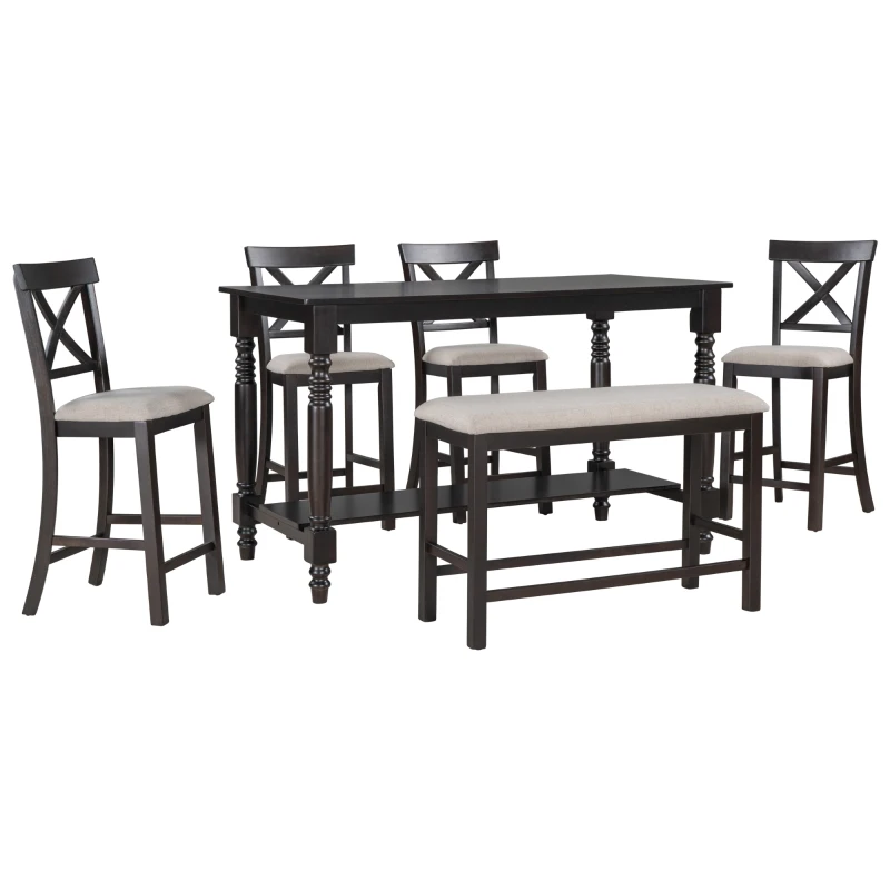 6-Piece Counter Height Dining Table Set with Shelf, 4 Chairs and Bench, High-Density Foam Cushions, MDF and Melaleucar Wood, 60''L x 29.5''W x 36''H, Espresso
