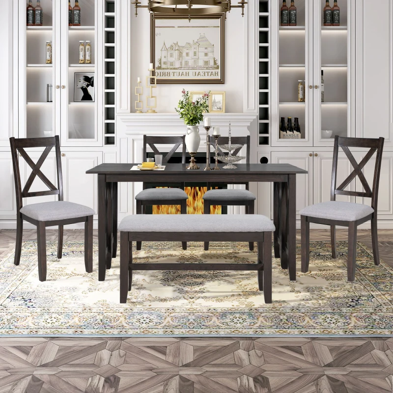 6-Piece Dining Room Set, Solid Wood Foldable Table with 4 Chairs and Bench, Space-Saving Design, 60"x36" Table, Espresso