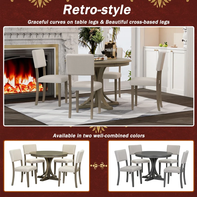 5-Piece Retro Style Round Dining Table Set with Curved Trestle Legs and 4 Upholstered Chairs, Solid Acacia Wood, for Kitchen, Taupe