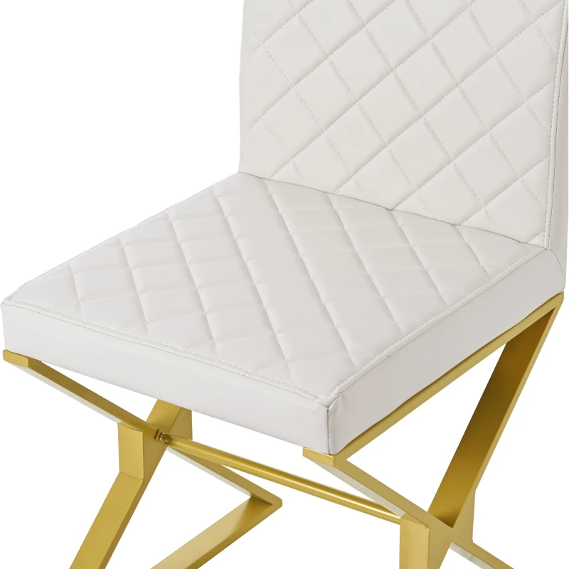 Vinsetto 7-Piece Pedestal Modern Dining Table Set, Rectangular Marble Texture Kitchen Table with 6 PU Leather Chairs and X-Shaped Gold Steel Pipe Legs, 60"L x 36"W x 30"H, White