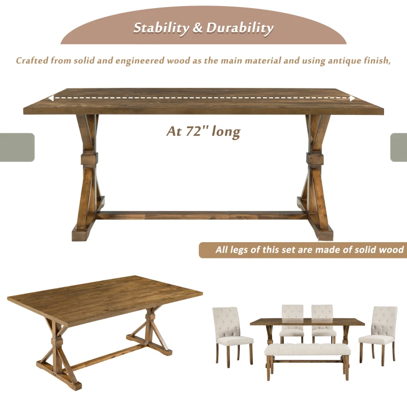 6-Piece Farmhouse Dining Table Set, 72''L x 42''W x 30''H Wood Rectangular Table, 4 Upholstered Chairs with Bench, Ergonomic Design, Solid Wood Construction, Walnut