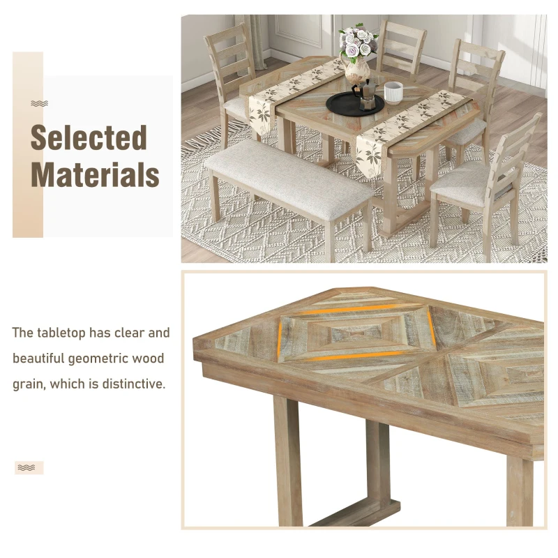 6-Piece Rubber Wood Dining Table Set with Wood Grain Pattern, Solid Wood Veneer, Soft Cushions, and H-Shaped Support Legs, 60"L x 36"W x 30.3"H, Natural Wood Wash