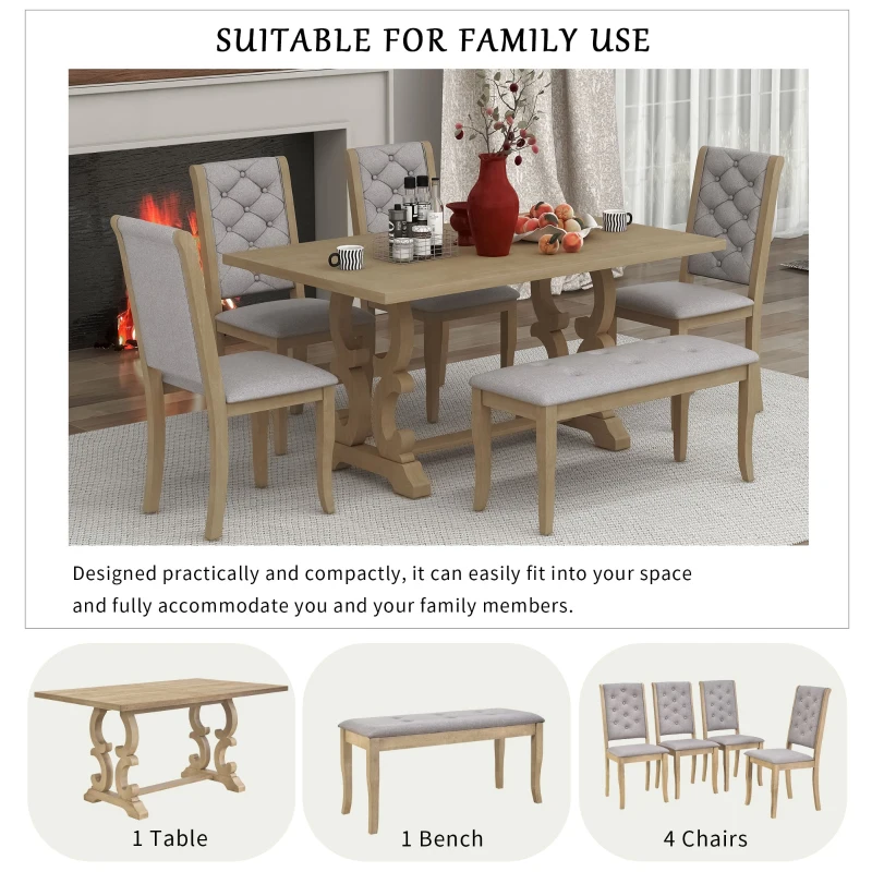 Vinsetto 6-Piece Retro Dining Set with Unique Table Legs and Foam-Covered Seats, Solid Wood Construction, 60" Table, Gray Wash