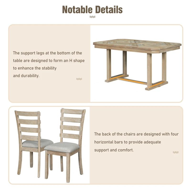 6-Piece Rubber Wood Dining Table Set with Wood Grain Pattern, Solid Wood Veneer, Soft Cushions, and H-Shaped Support Legs, 60"L x 36"W x 30.3"H, Natural Wood Wash